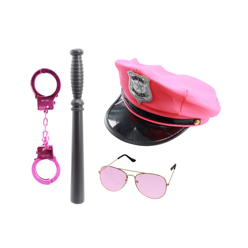 Pink police costume accessory set with glasses handcuffs hat and baton
