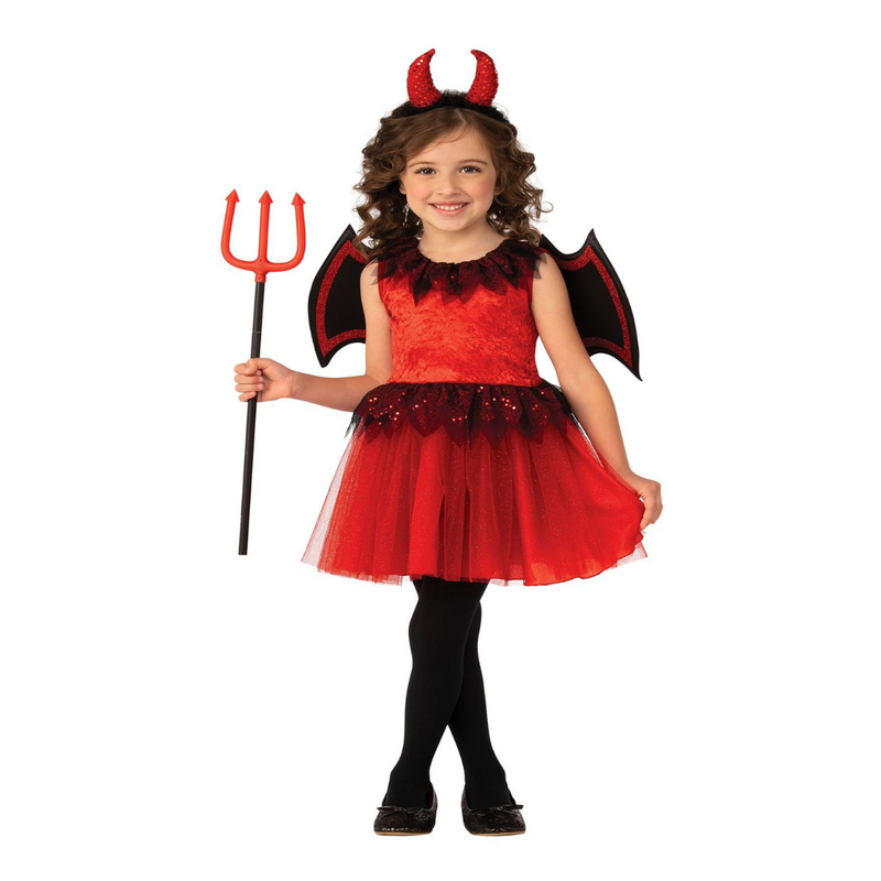 Devil Tutu Kids Costume – red sparkly Halloween dress with tutu, horns, and tail for kids