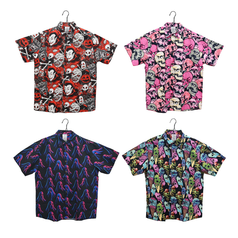 Assorted adult Halloween collared shirts with coconut buttons