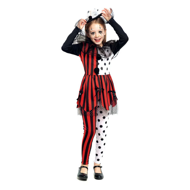Girl wearing colorful clown costume with dress, wig, and red nose – fun kids outfit