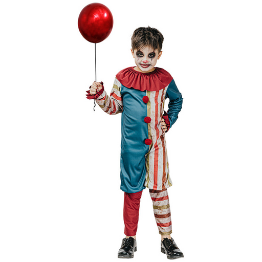 Boy dressed in scary killer clown costume with mask and colorful outfit – Halloween costume