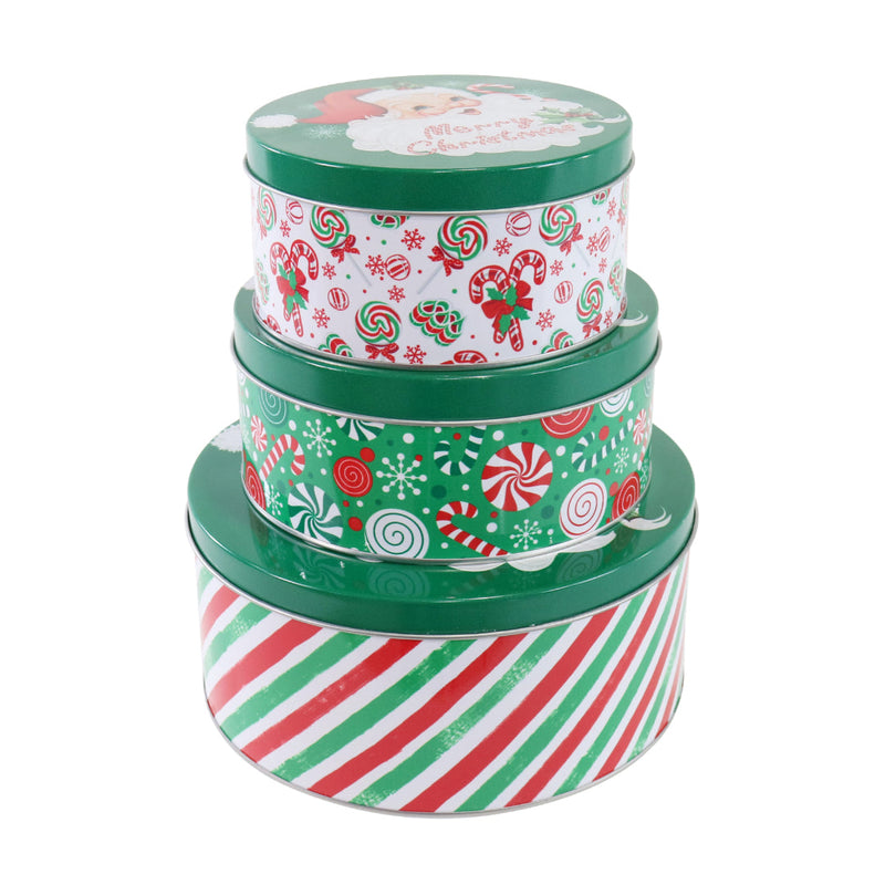 Cookie Tin 3pc Set Candycane Assorted 3