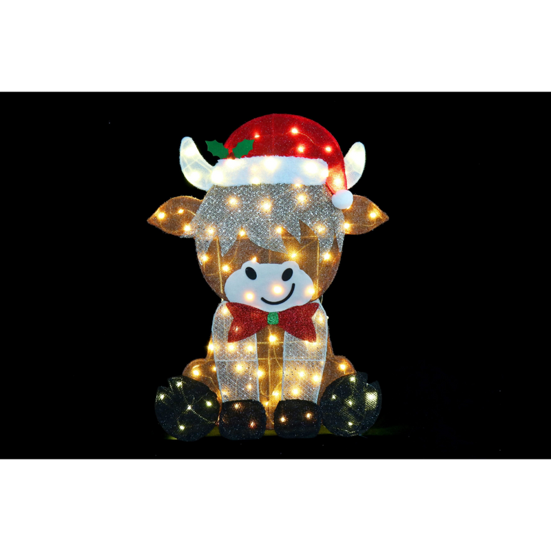 Glitter mesh Highland cow Christmas decoration with steady glow lights