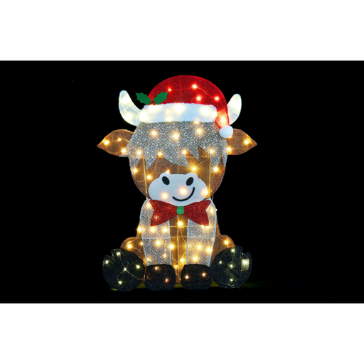 Glitter mesh Highland cow Christmas decoration with steady glow lights