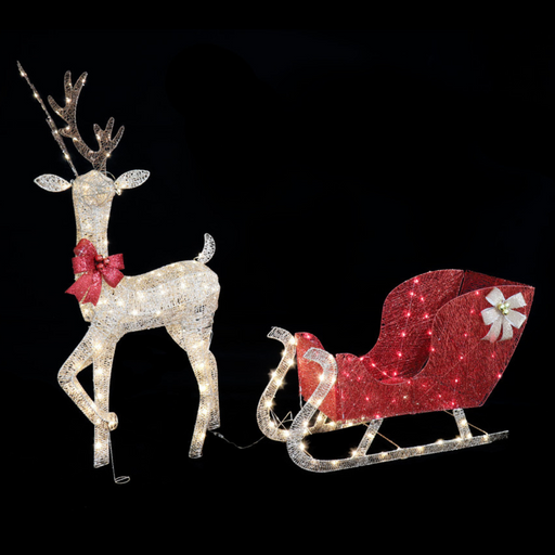 LED Deluxe Red Gold Glitter Reindeer Sleigh