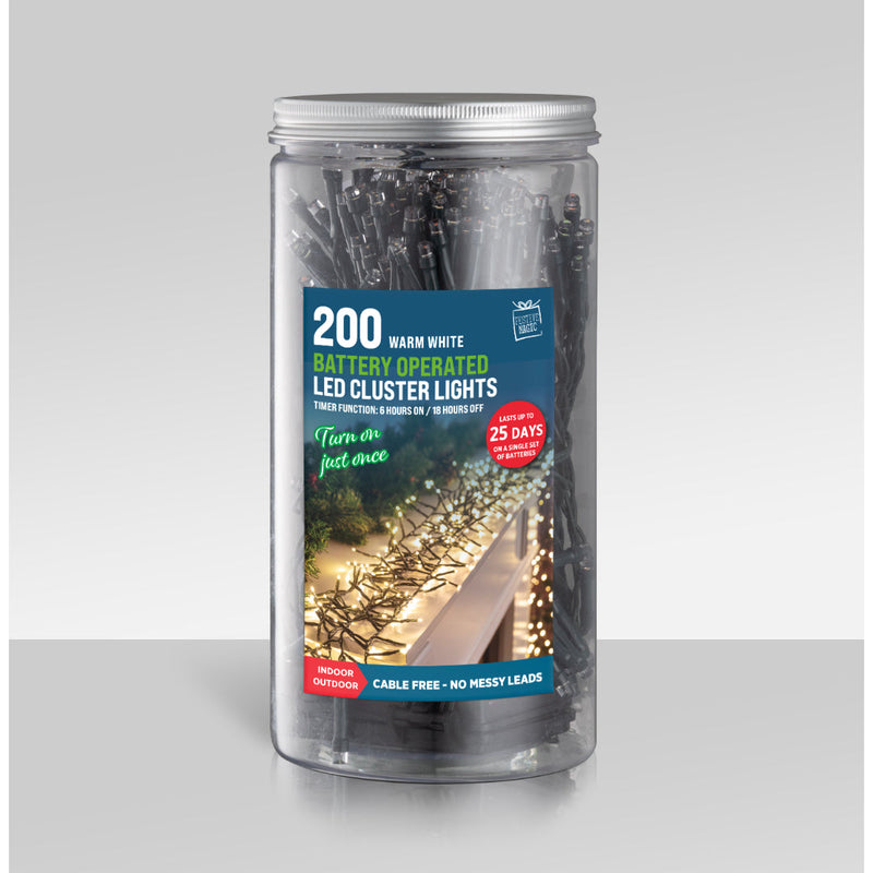 Timer LED Cluster Lights 200 Battery Operated In Jar Assorted 4