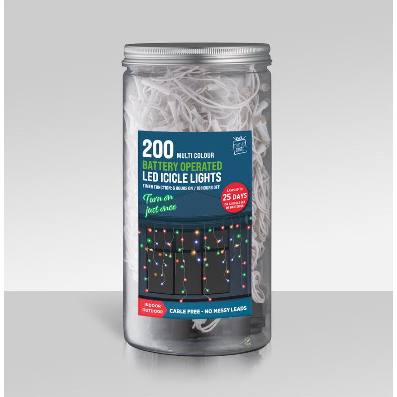 Timer LED Icicle Lights 200 Battery Operated In Jar Assorted 3