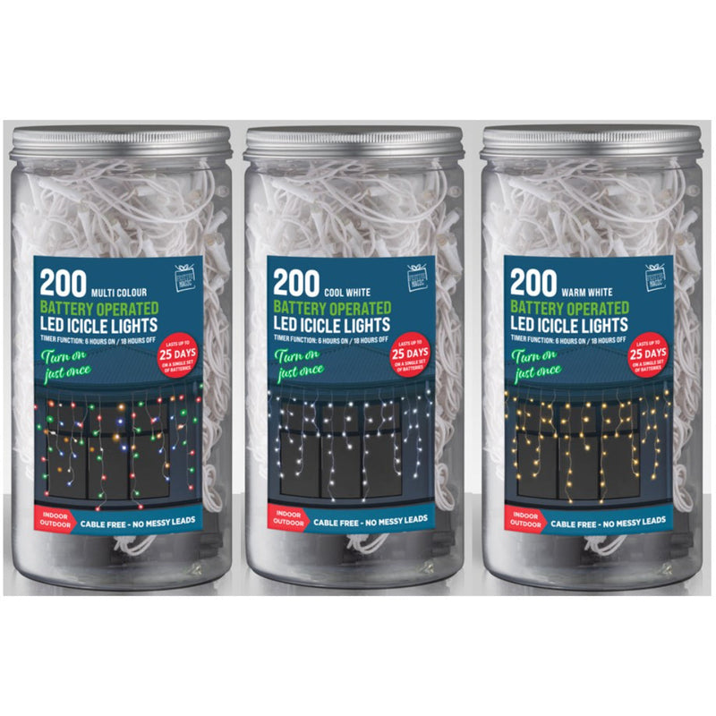 Timer LED Icicle Lights 200 B/OP In Jar Assorted