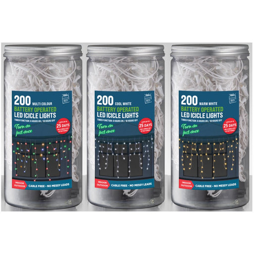 Timer LED Icicle Lights 200 B/OP In Jar Assorted