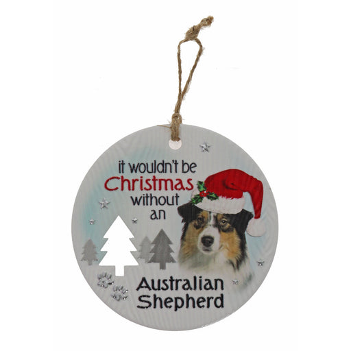 Australian Shepherd holiday plaque with winter greenery