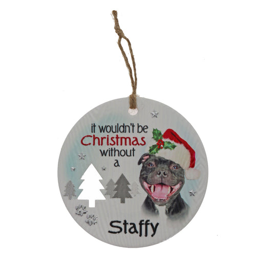 Staffy dog festive plaque with wreath accents