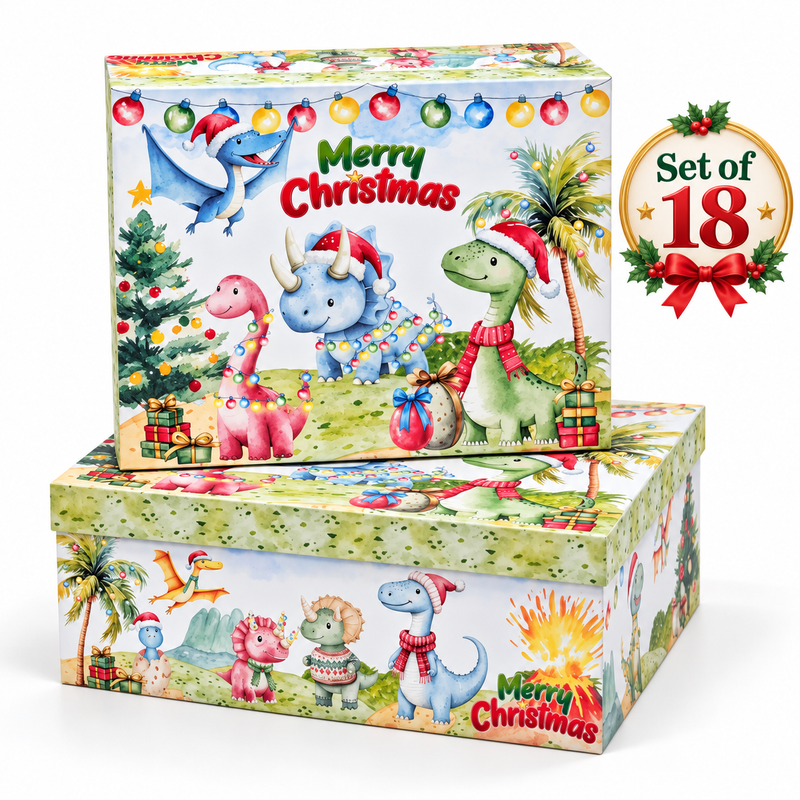 Dinosaur themed Christmas gift boxes in a coordinated set of 18