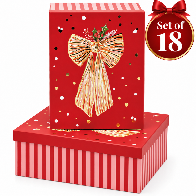 Red Bow Foiled Christmas gift boxes in a coordinated set of 18