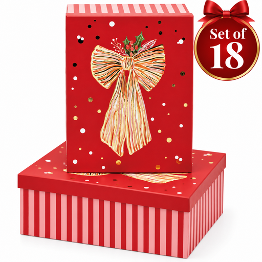 Red Bow Foiled Christmas gift boxes in a coordinated set of 18