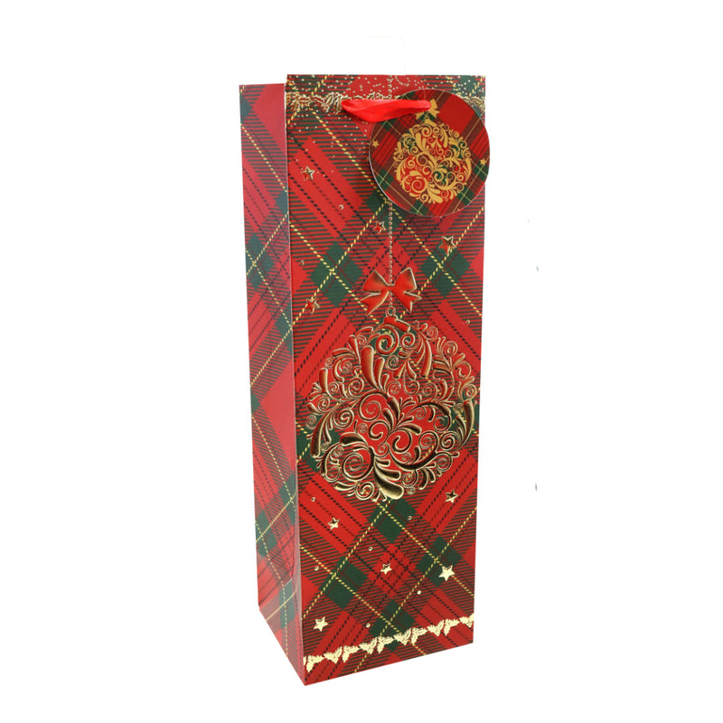 Giftbag Bottle Bag Plaid Large Foil Motif Assorted 3