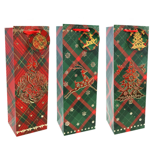 Giftbag Bottle Bag Plaid Large Foil Motif Assorted