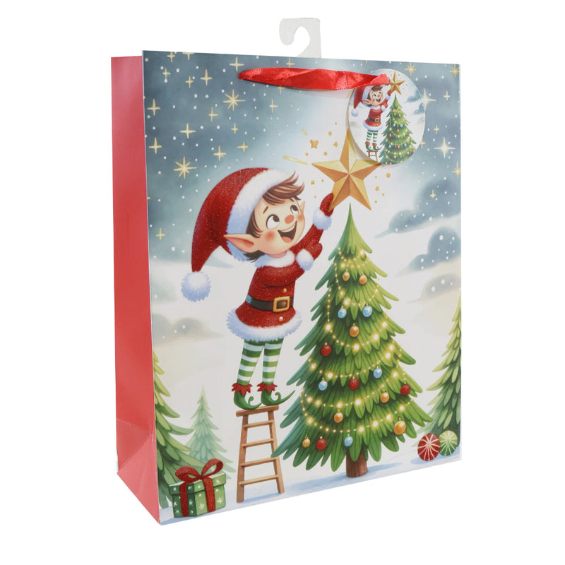 Giftbag Lge Cute Elf Scene Glitter Assorted 2