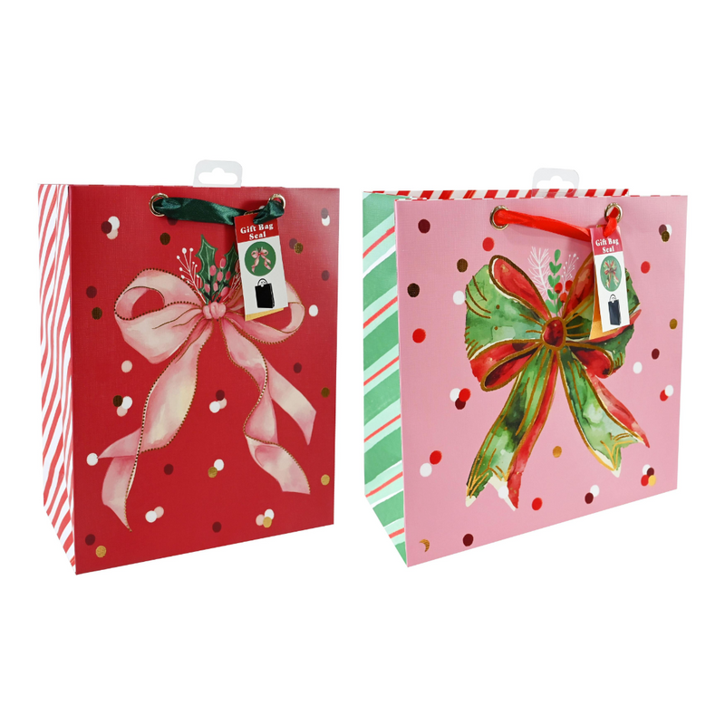 Assorted large foil Christmas gift bag with bow and seal sticker
