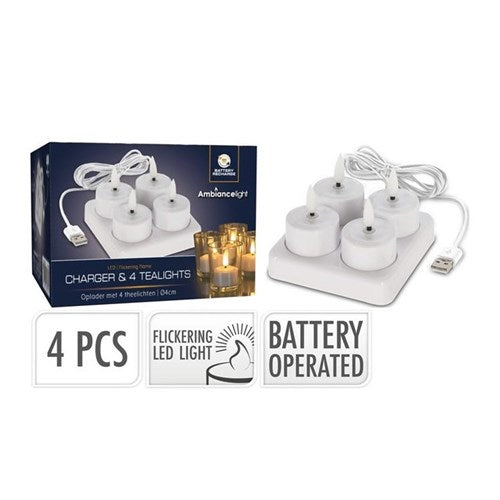Set of 4 USB rechargeable LED tealights with base and 150 cm cable