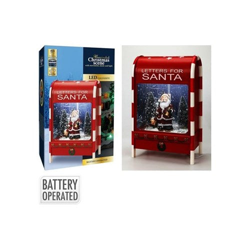 Decorative red mailbox with LED snow globe effect and music feature