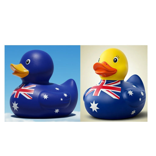 Two assorted 9cm Australian themed duck toys