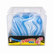 Marbled blue and white ball in a clear packaging box with 'Squeez Ball' branding. squishy toy display box – thumbnail