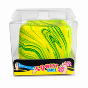 Yellow and green marbled squeezable ball in a clear packaging box with 'SQUEEZ BALL' branding. – thumbnail