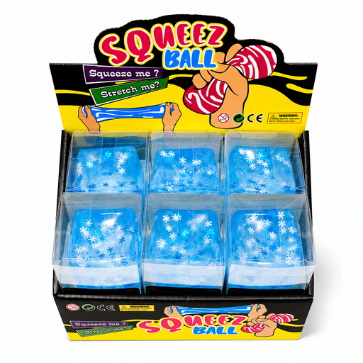 Snow-inspired 5x5cm squishy cubes in a display box. Great for sensory play, fidget toys, prizes, and party favour.