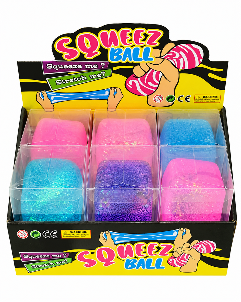 Display box of Squeez Ball toys with colorful balls inside