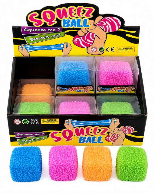 Display box of Squeez Ball toys with colorful balls in front. Squishy Toy