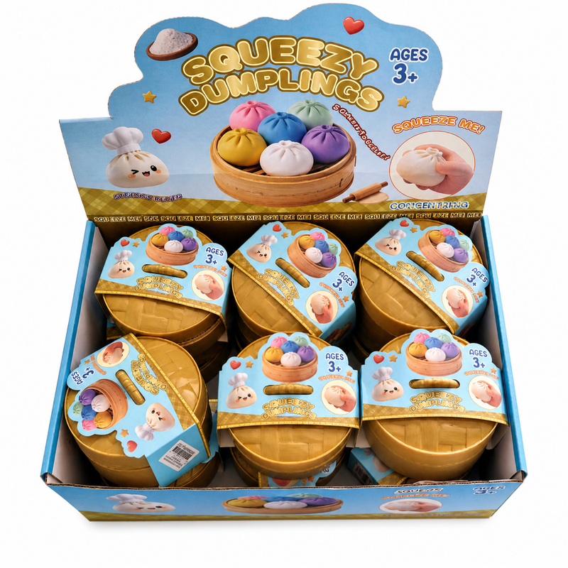 Box of Squeezy Dumplings toy set with colorful dumpling shapes on a white background