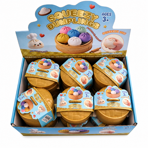 Box of Squeezy Dumplings toy set with colorful dumpling shapes on a white background