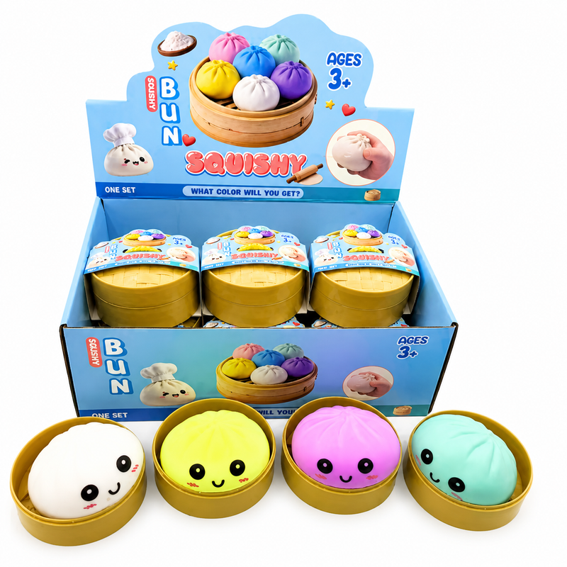 Squishy toys in packaging with colorful bun designs on a white background