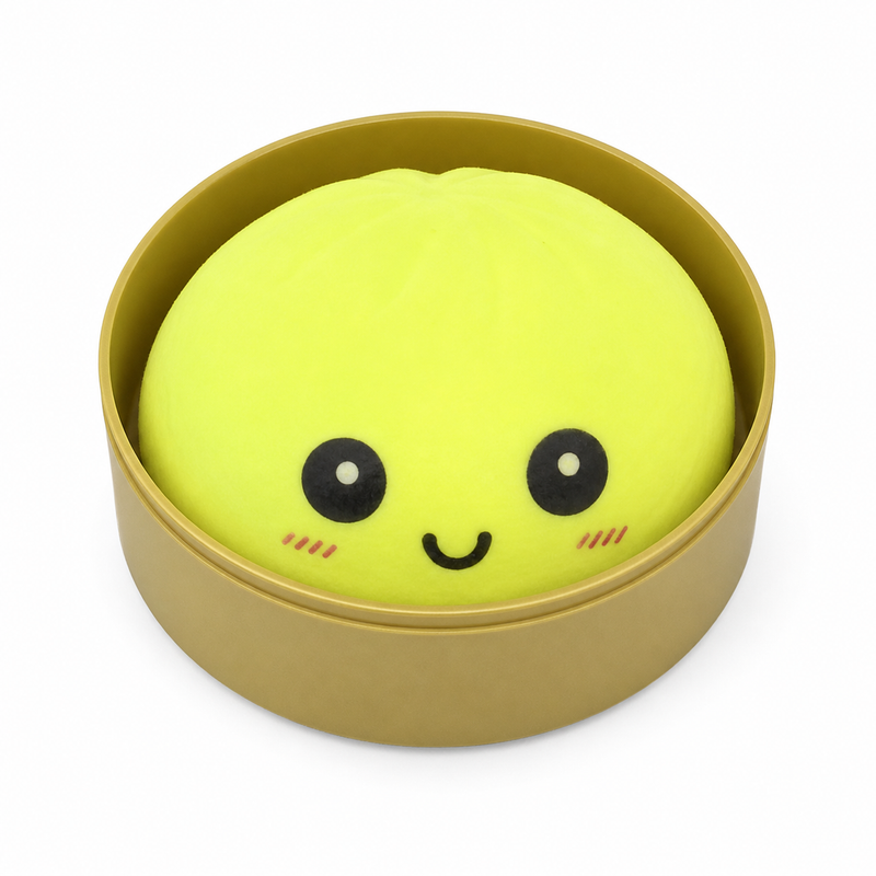 Yellow squishy toy with a smiley face in a brown container on a white background