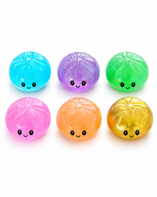 Rainbow finish emoji squish bun in steamer basket display