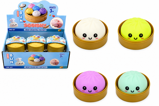 Emoji squish bun in steamer basket mixed colour display