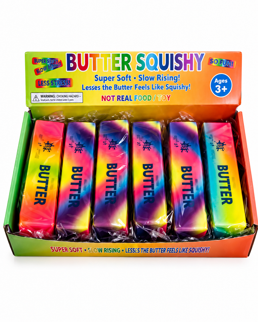 Box of Butter Squishy toys with colorful packaging