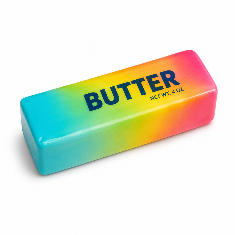 Colorful bar of shquishy toy with 'BUTTER' text on a white background