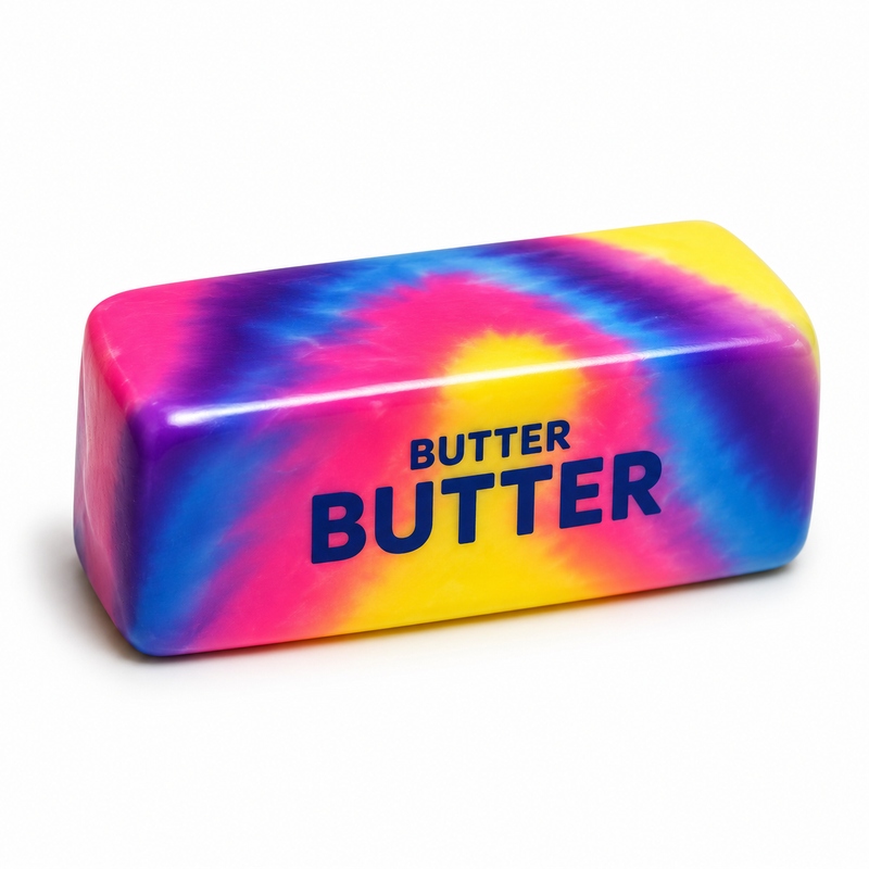 Colorful tie-dye bar of squishy toy with 'Butter' text on a white background