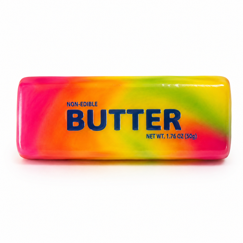 Colorful container labeled 'Non-Edible Butter' on a white background