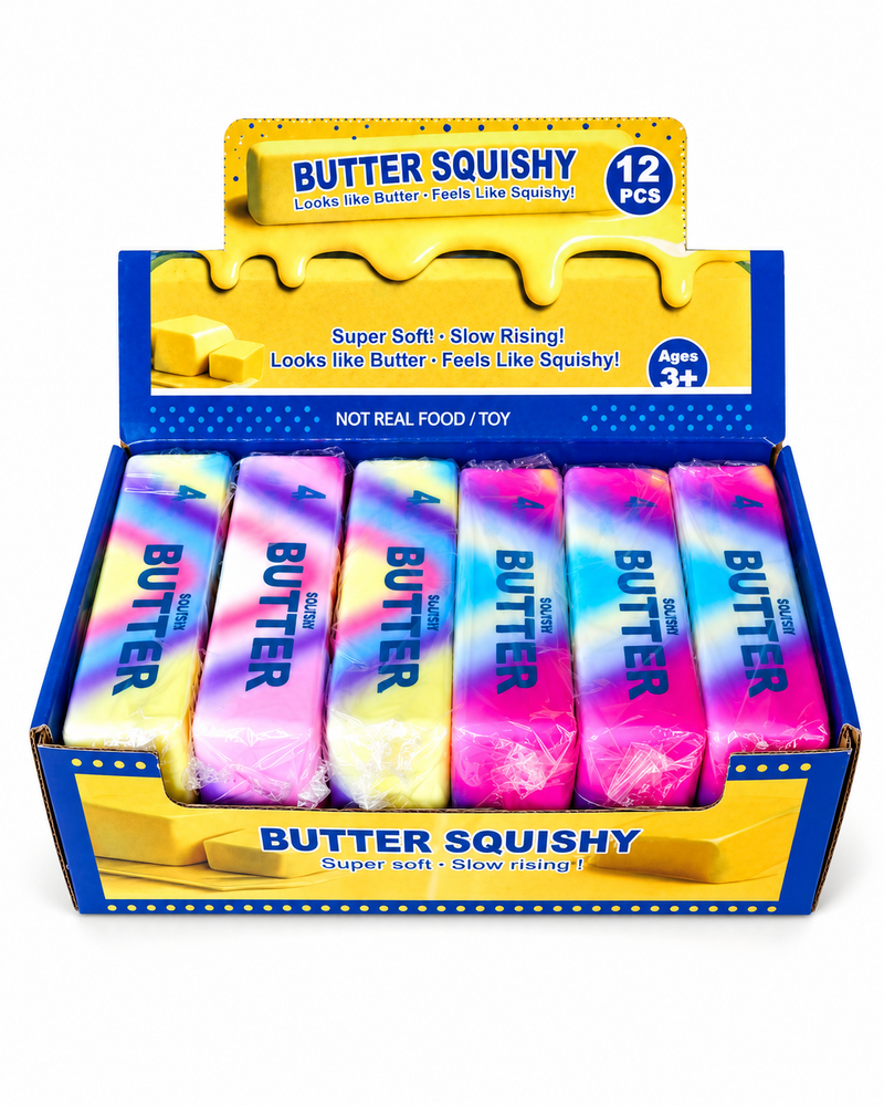 Box of Butter Squishy toys with colorful packaging on a white background