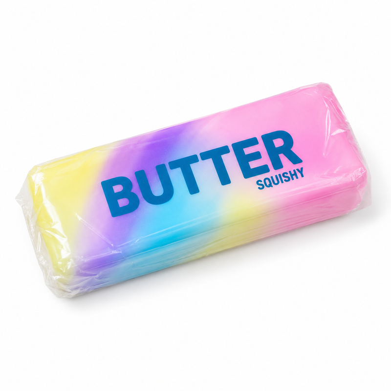 Colorful squishy toy with 'BUTTER' text on a white background