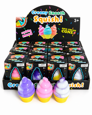 Display of colorful squishy ice cream cones with packaging labeled 'Creamy Smooth Squish' on a white background. – thumbnail