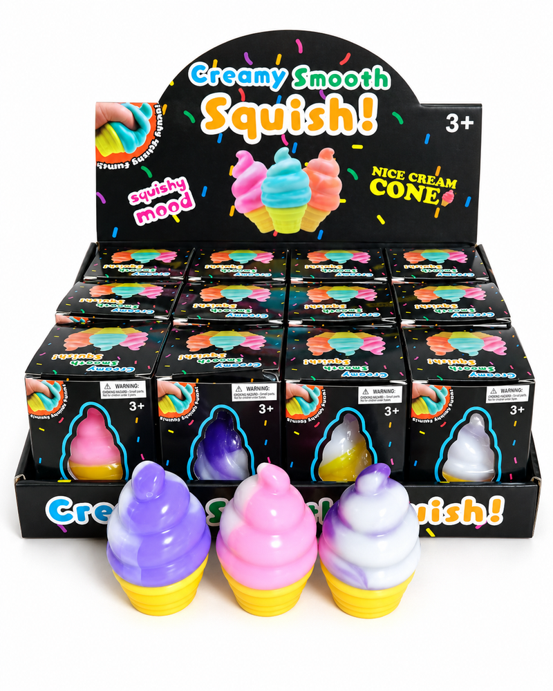 Display of colorful squishy ice cream cones with packaging labeled 'Creamy Smooth Squish' on a white background.