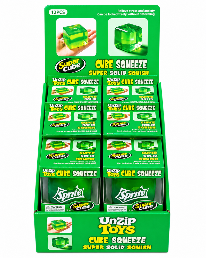 Display of 'Cube Squeeze' products by Unzip Toys with green packaging.