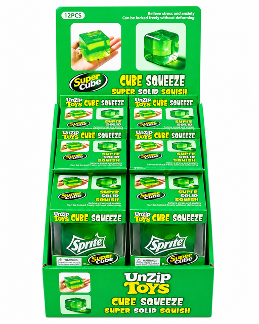 Display of 'Cube Squeeze' products by Unzip Toys with green packaging.