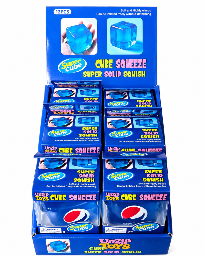 Display of Super Cube Squeeze toys with Pepsi branding on a white background