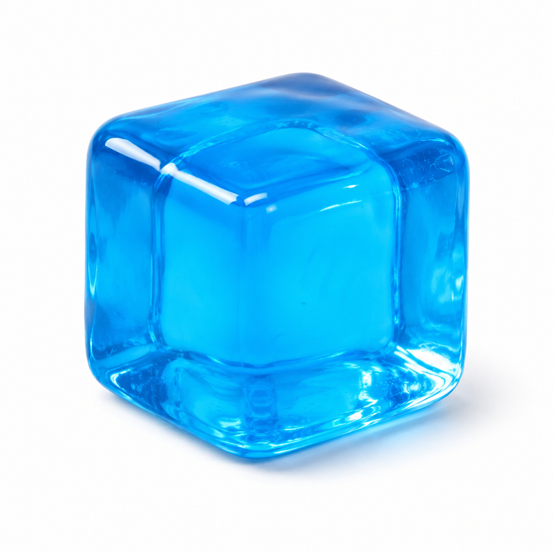 Blue transparent ice cube on a white background
