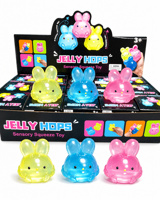 Jelly Hop sensory squeeze toys in various colors with packaging in the background.