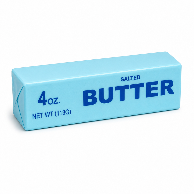 A 4 oz stick of salted butter in its light blue wrapper, shown on a clean white background.